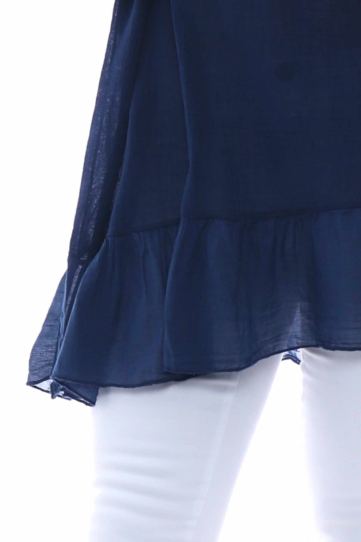 Cheyenne Frill Crinkle Cotton Top Navy