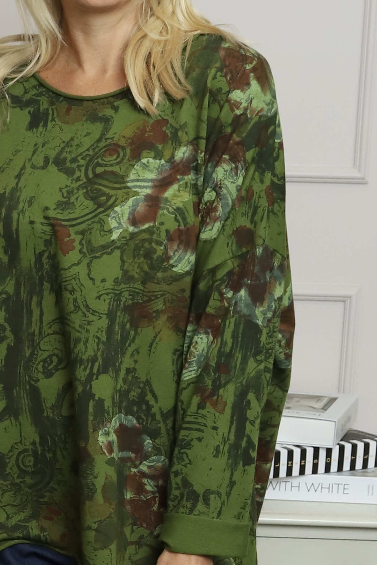 Carola Print Cotton Top Olive