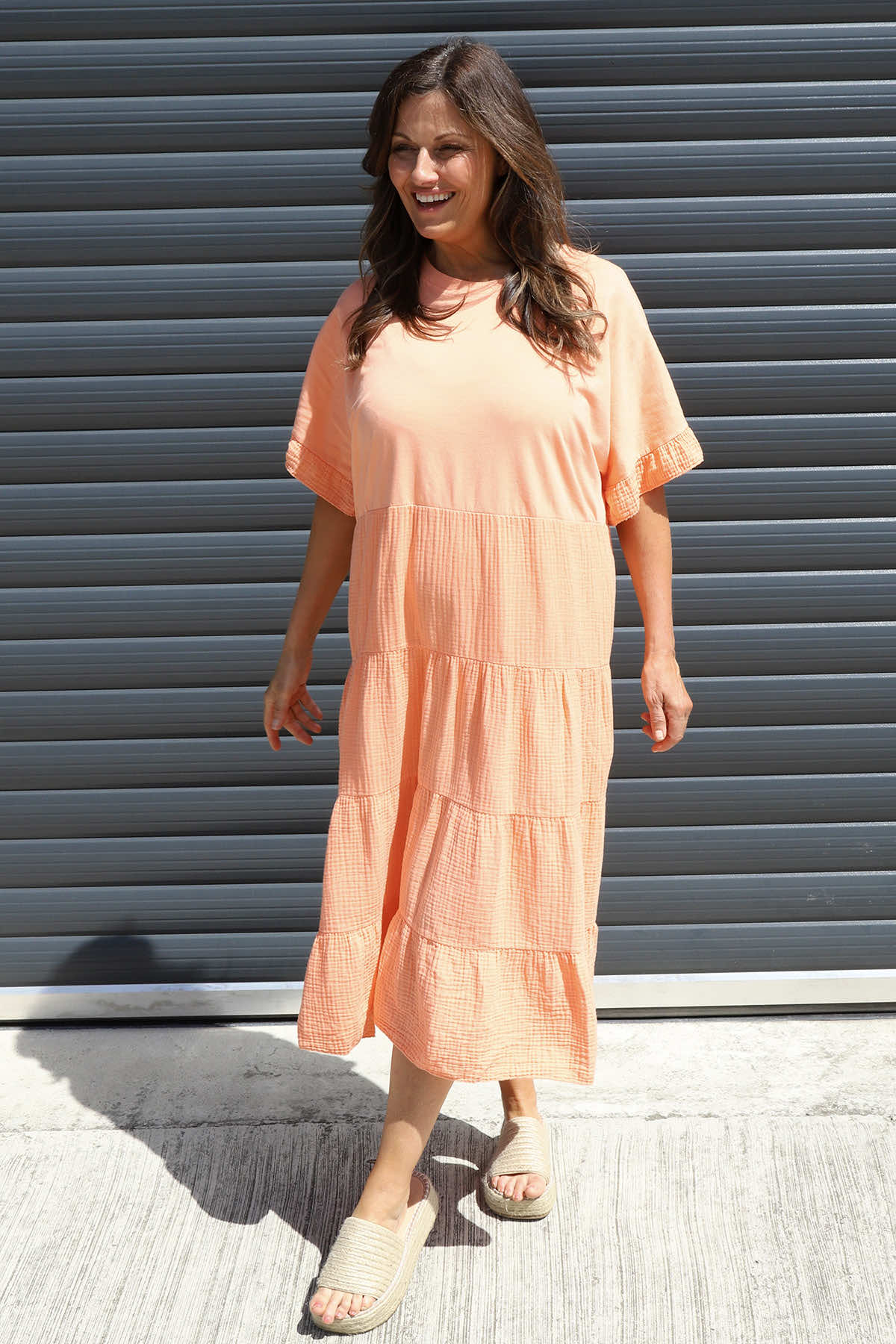 Soleil Tiered Crinkle Cotton Dress Orange