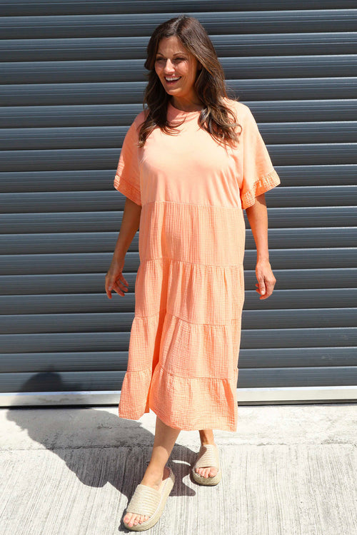Soleil Tiered Crinkle Cotton Dress Orange - Image 2