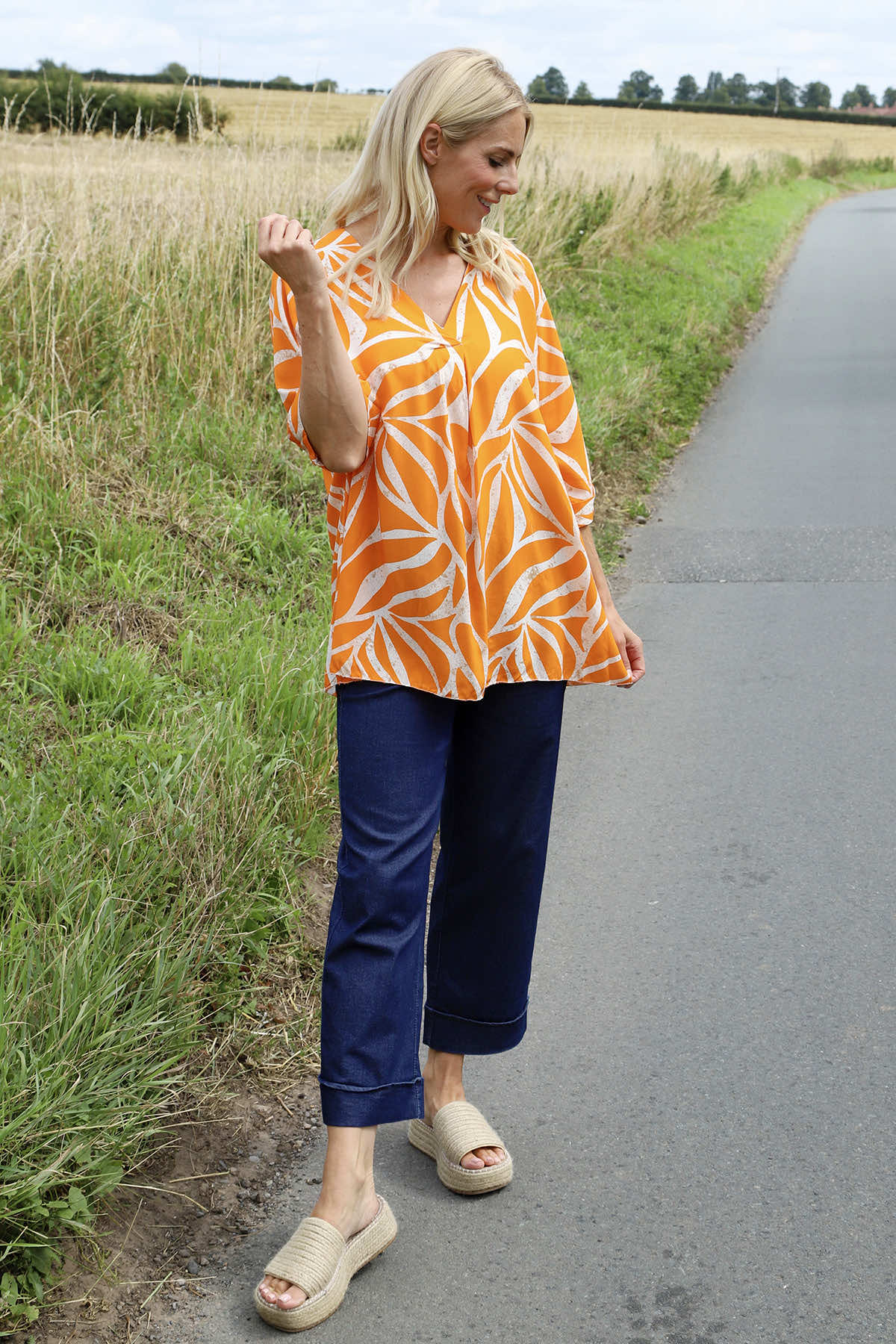 Morgan Print V-Neck Top Orange