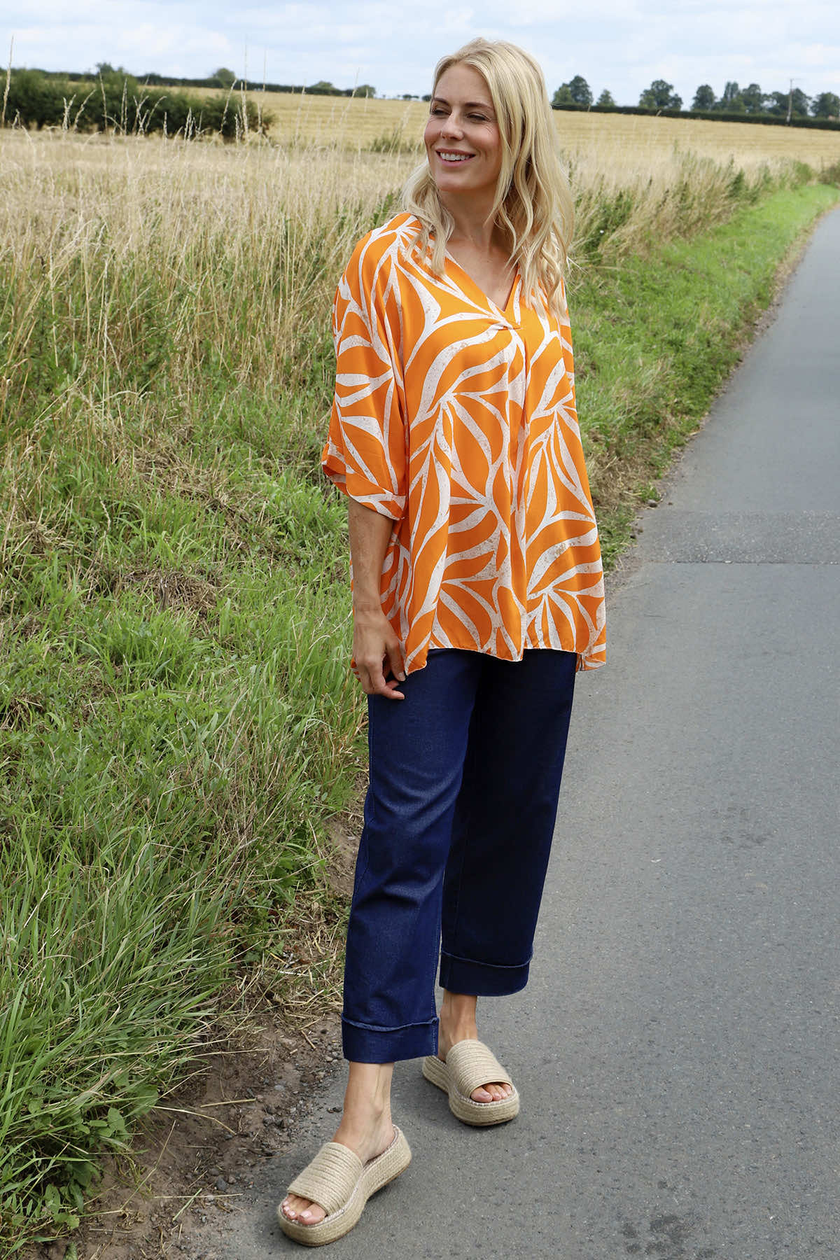 Morgan Print V-Neck Top Orange