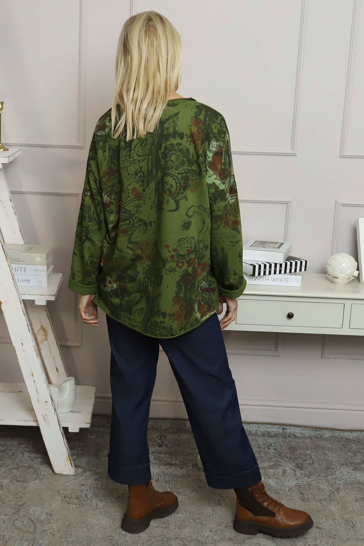 Carola Print Cotton Top Olive