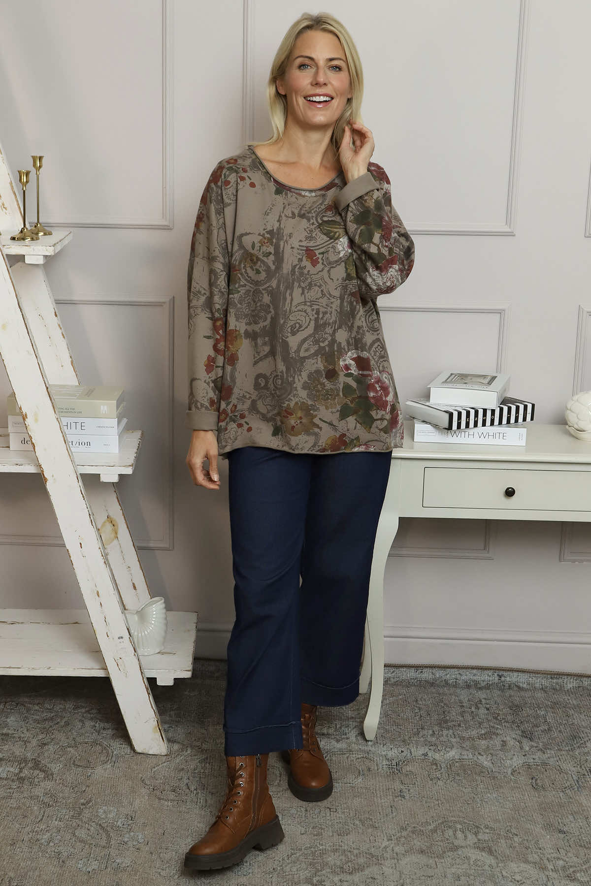 Carola Print Cotton Top Mocha