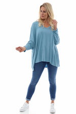Lucy V-Neck Cotton Top Blue Blue - Lucy V-Neck Cotton Top Blue