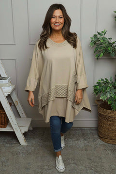 Mozelle Crochet Detail Cotton Top Stone