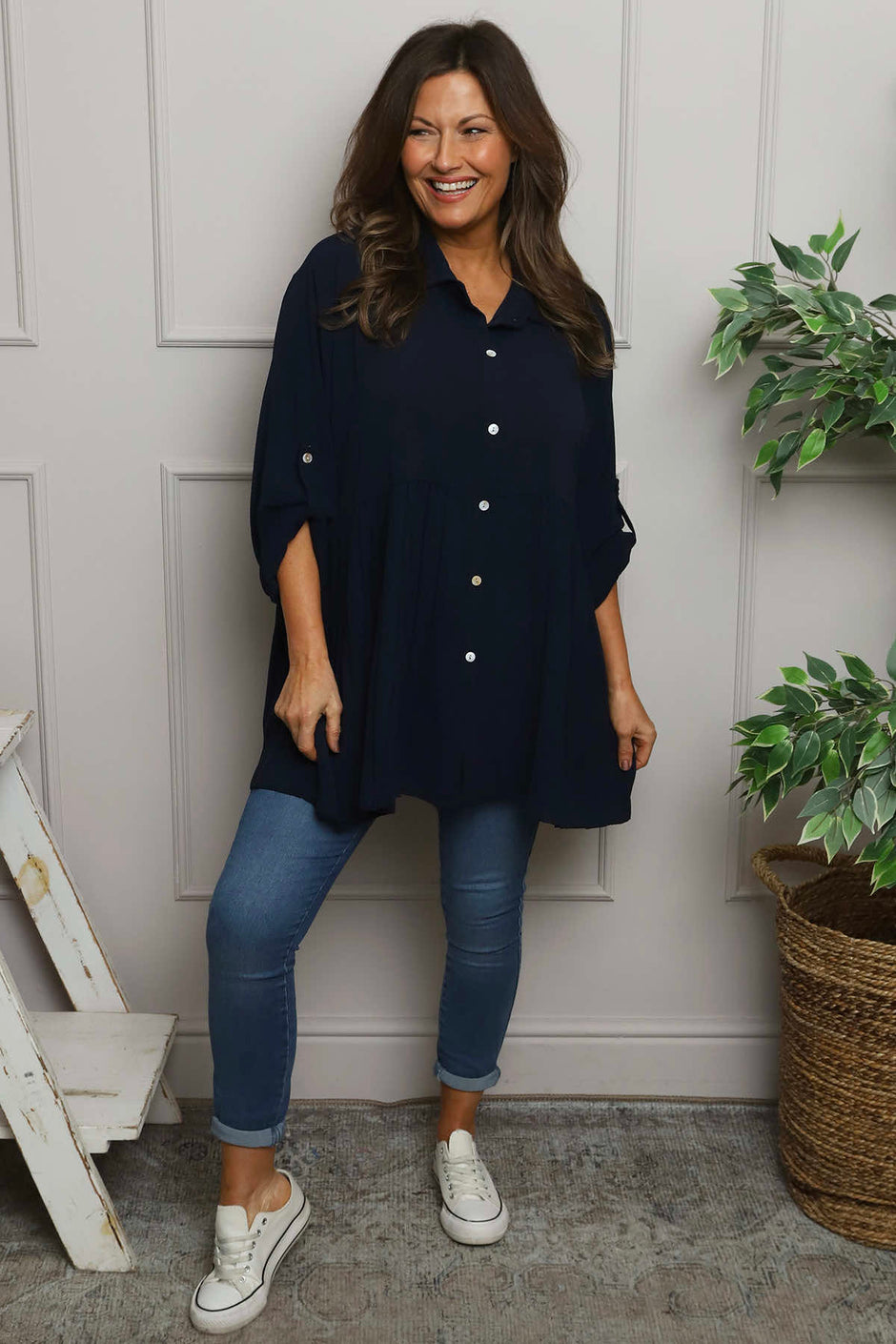 Jennifer Pleated Shirt Navy