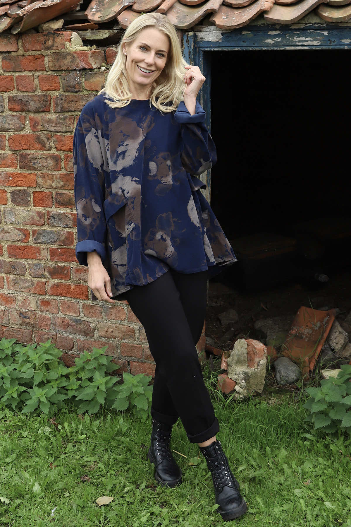 Rachel Print Needlecord Top Navy