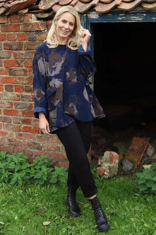 Rachel Print Needlecord Top Navy - Image 2