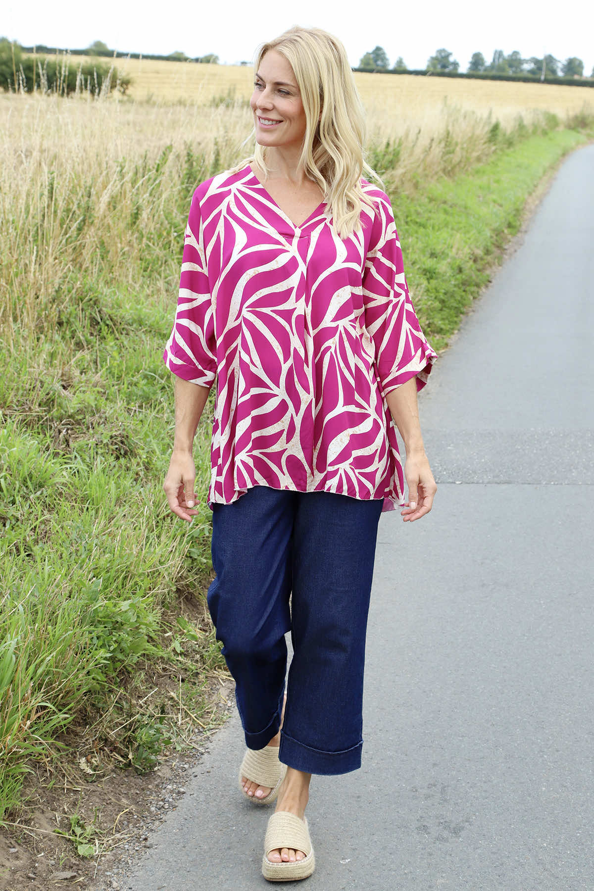 Morgan Print V-Neck Top Berry