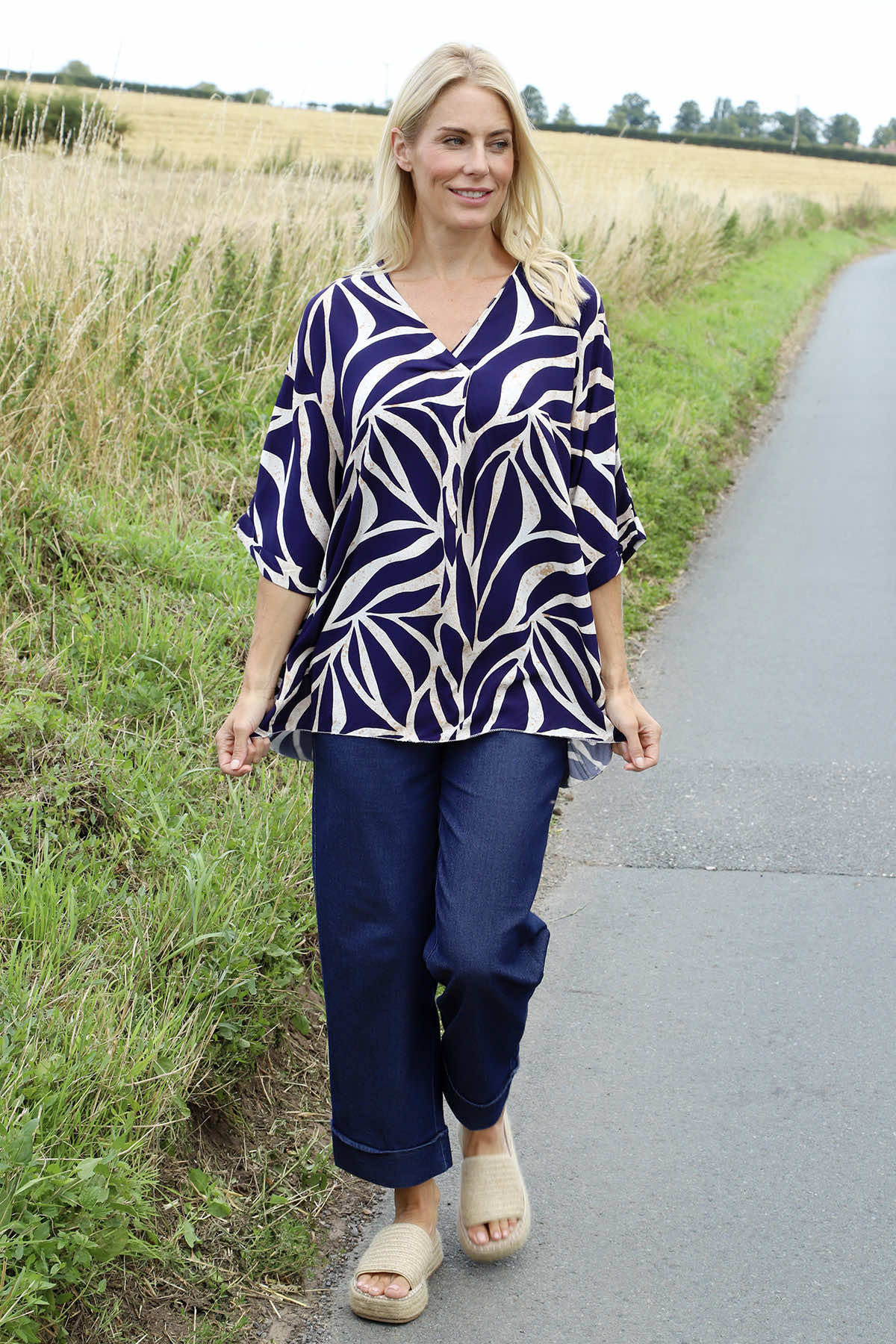 Morgan Print V-Neck Top Navy