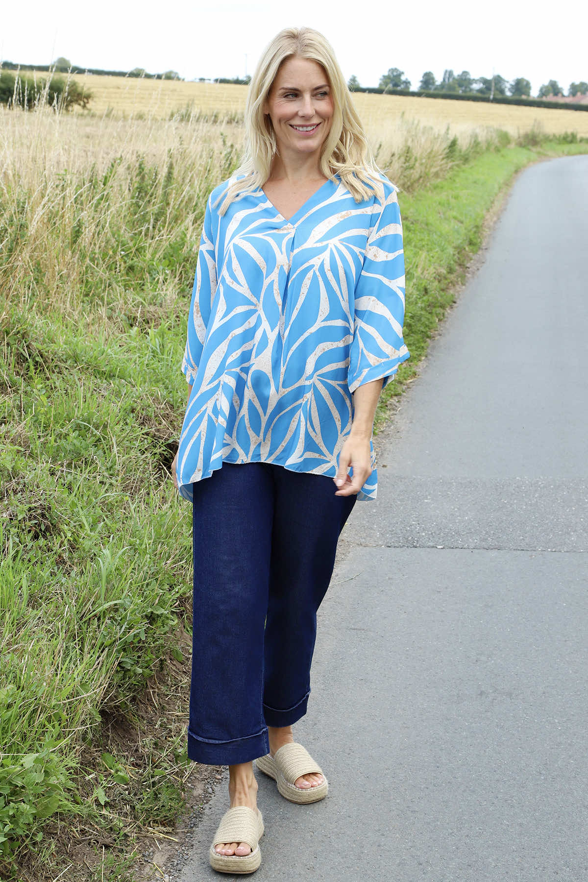 Morgan Print V-Neck Top Blue