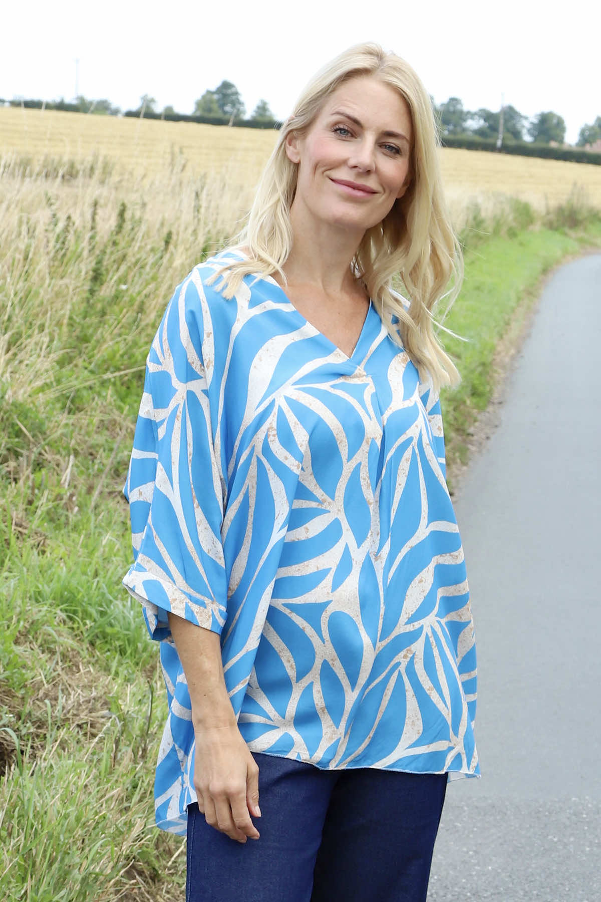 Morgan Print V-Neck Top Blue