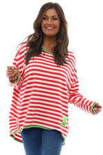 Francia Stripe Cotton Top Coral Red Coral Red - Francia Stripe Cotton Top Coral Red