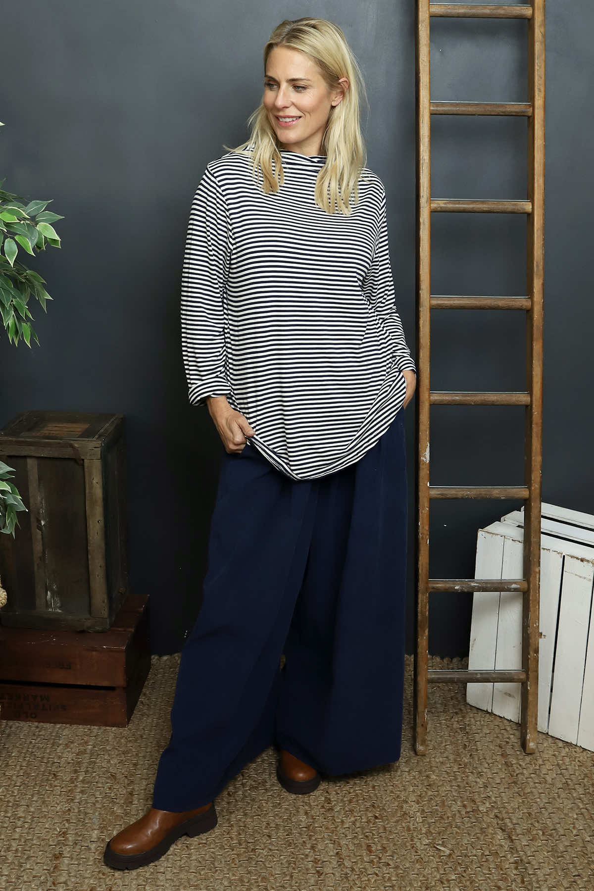 Lyssa Cowl Neck Stripe Top Navy