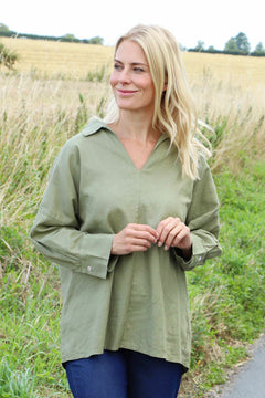 Audrey Collared Linen Top Khaki