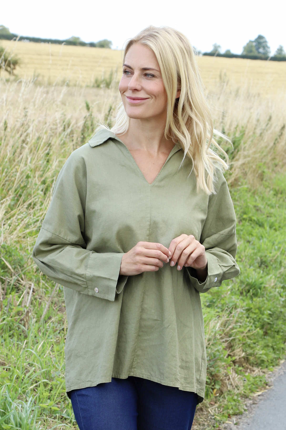 Audrey Collared Linen Top Khaki