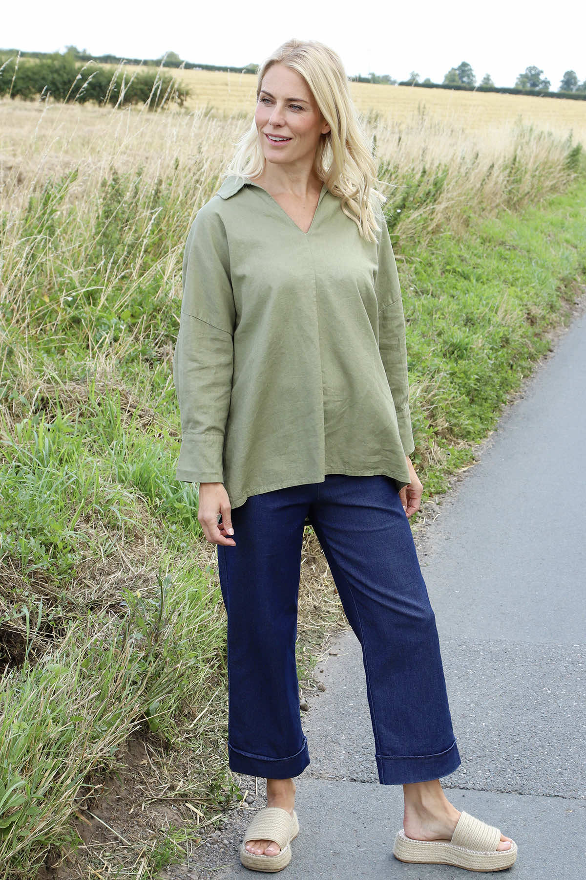 Audrey Collared Linen Top Khaki