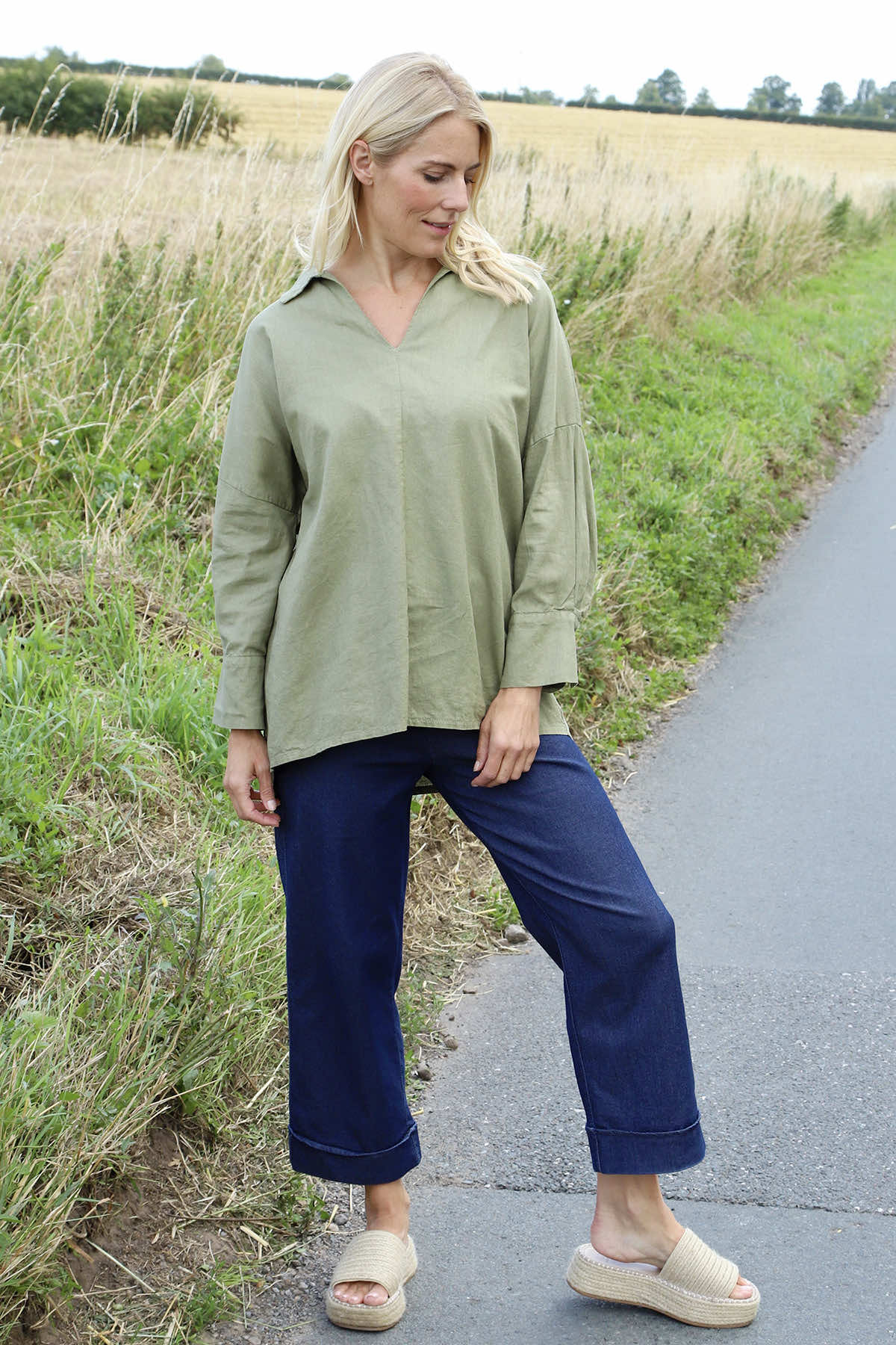 Audrey Collared Linen Top Khaki