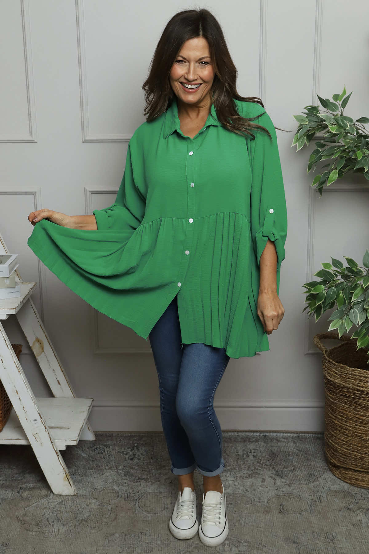 Jennifer Pleated Shirt Emerald