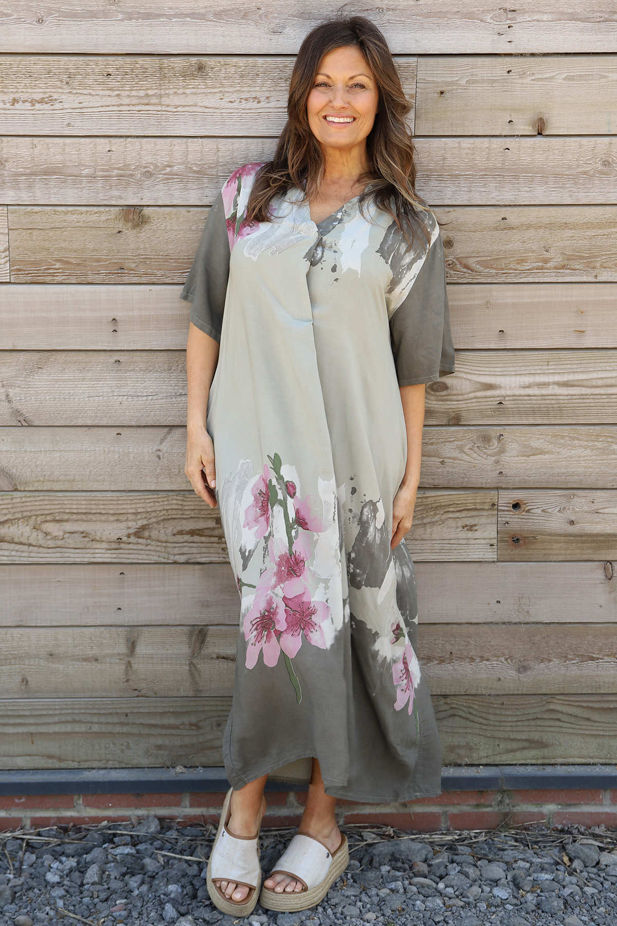 Sandsend Flower Print V Neck Dress Khaki