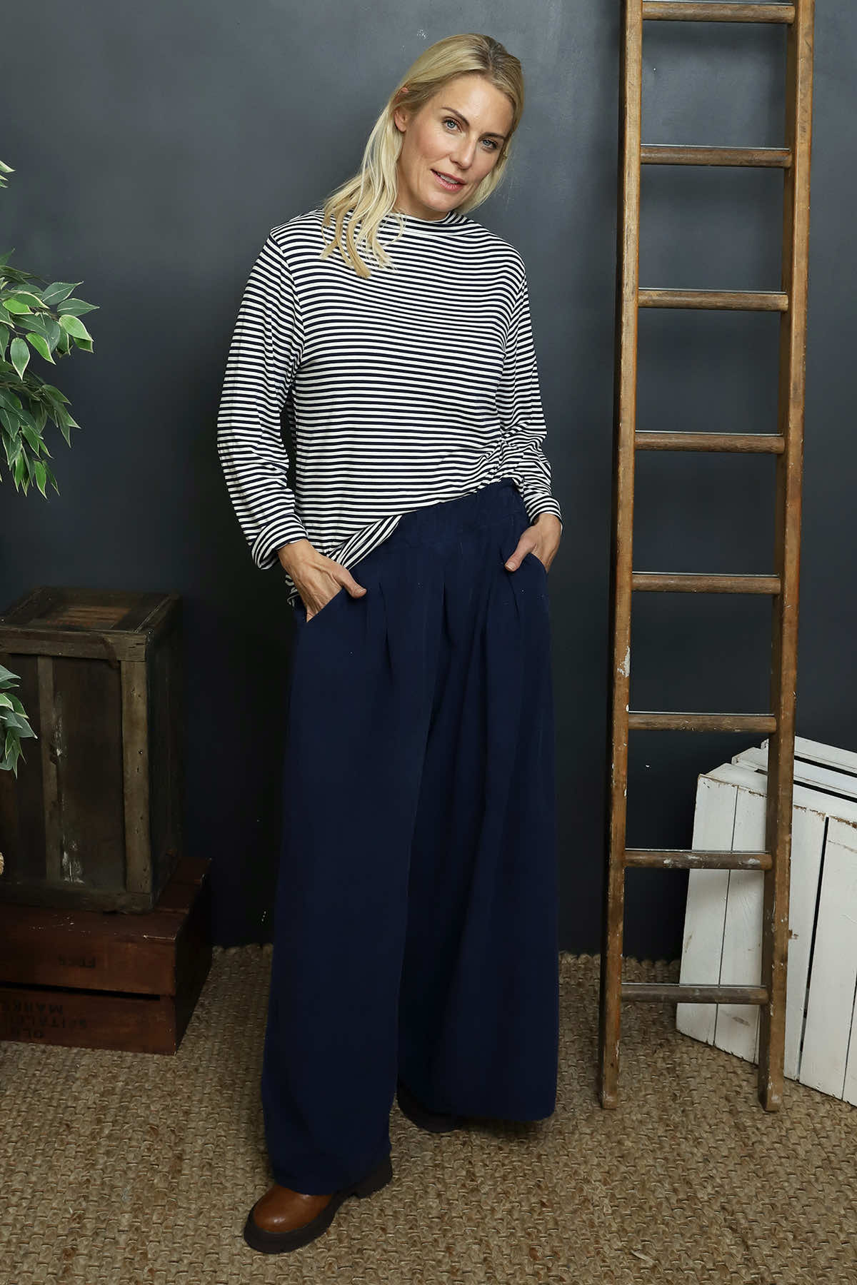Trish Wide Leg Needlecord Trousers Navy