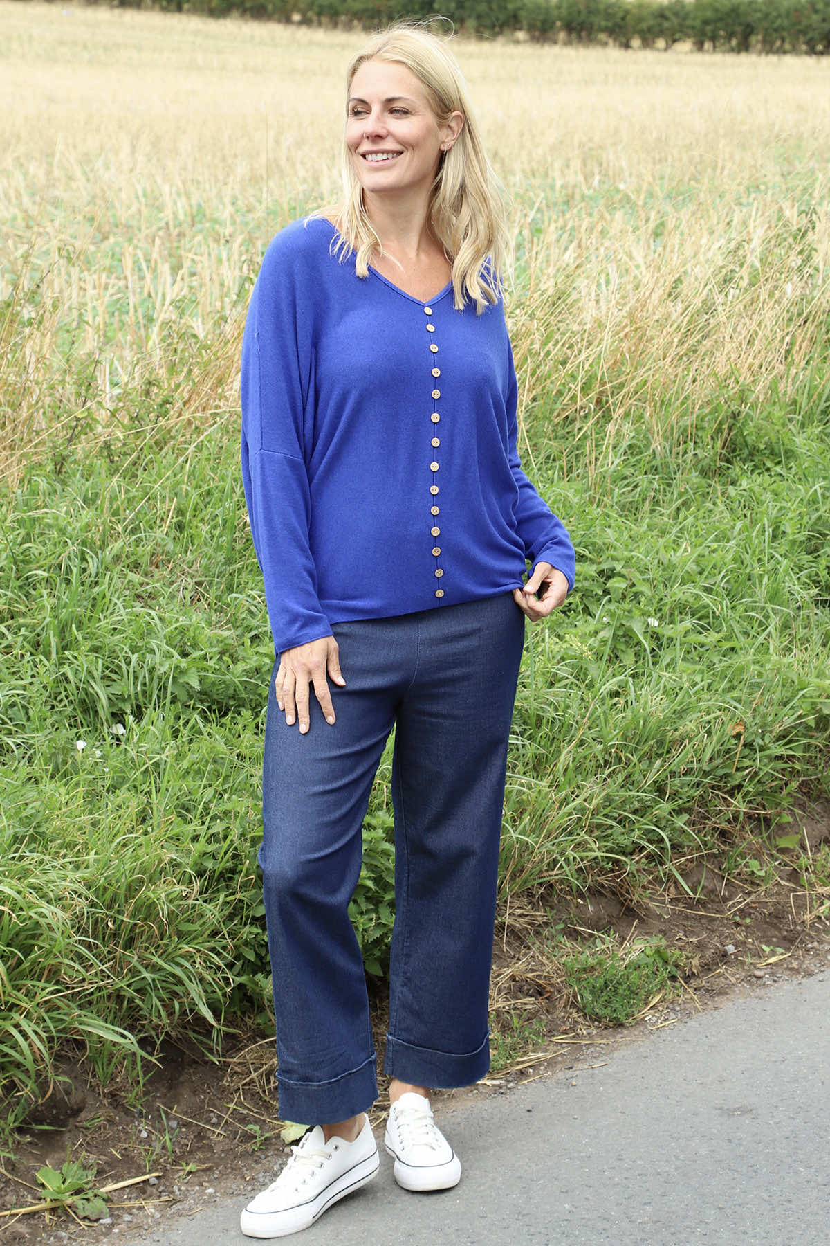 Blythe Button Detail Top Cobalt