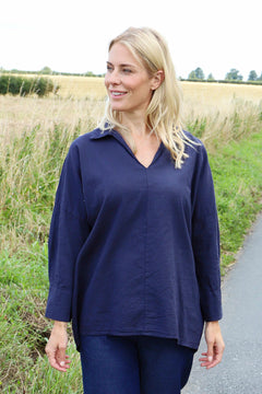 Audrey Collared Linen Top Navy