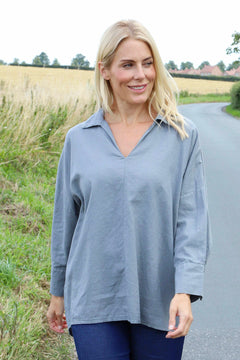Audrey Collared Linen Top Mid Grey
