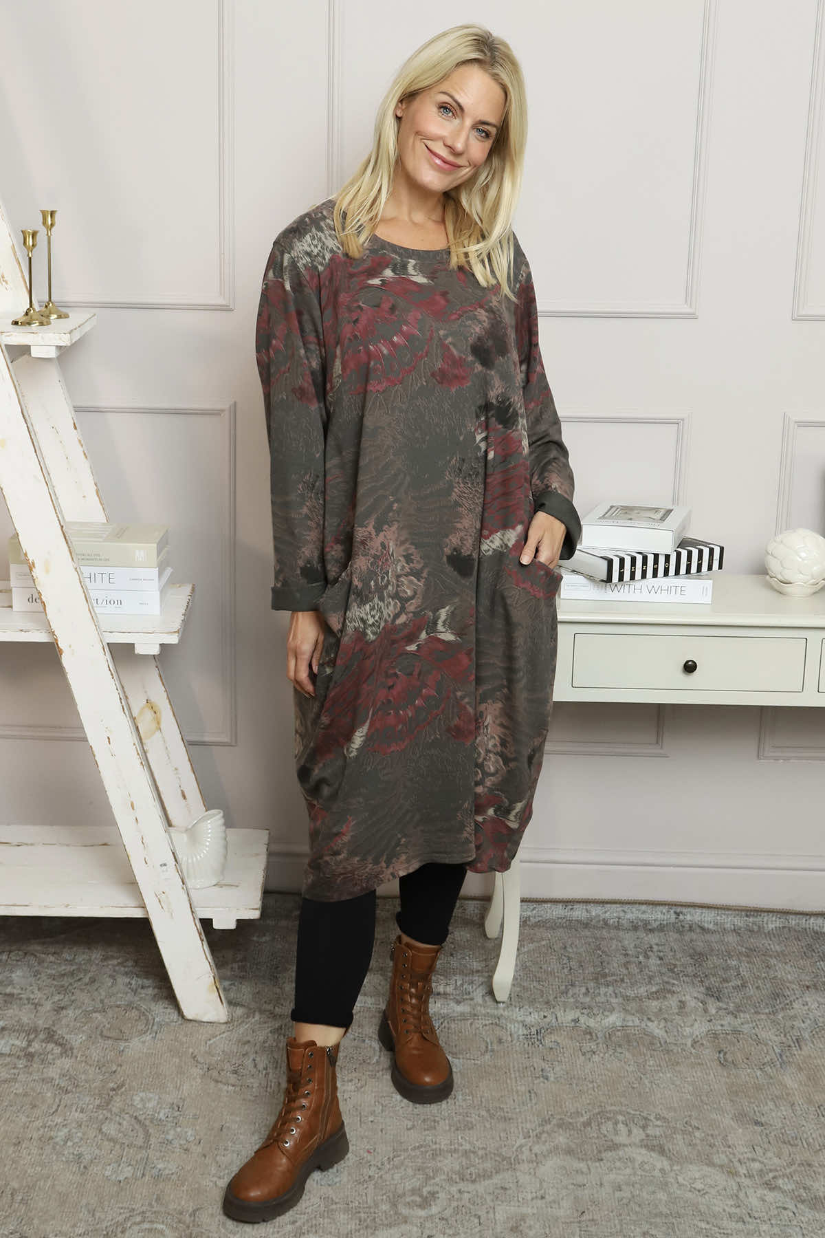 Owena Print Cotton Dress Charcoal