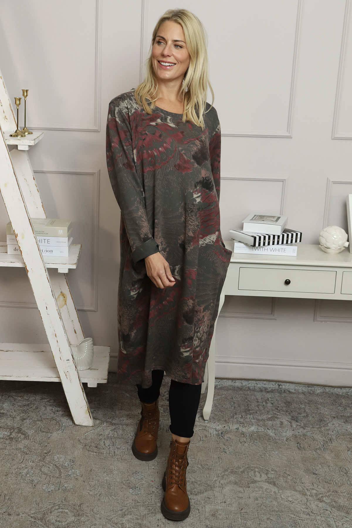 Owena Print Cotton Dress Charcoal