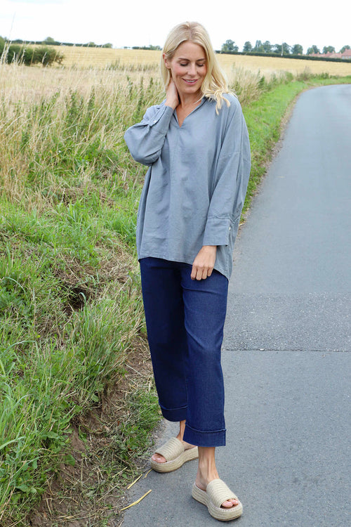 Audrey Collared Linen Top Mid Grey - Image 3