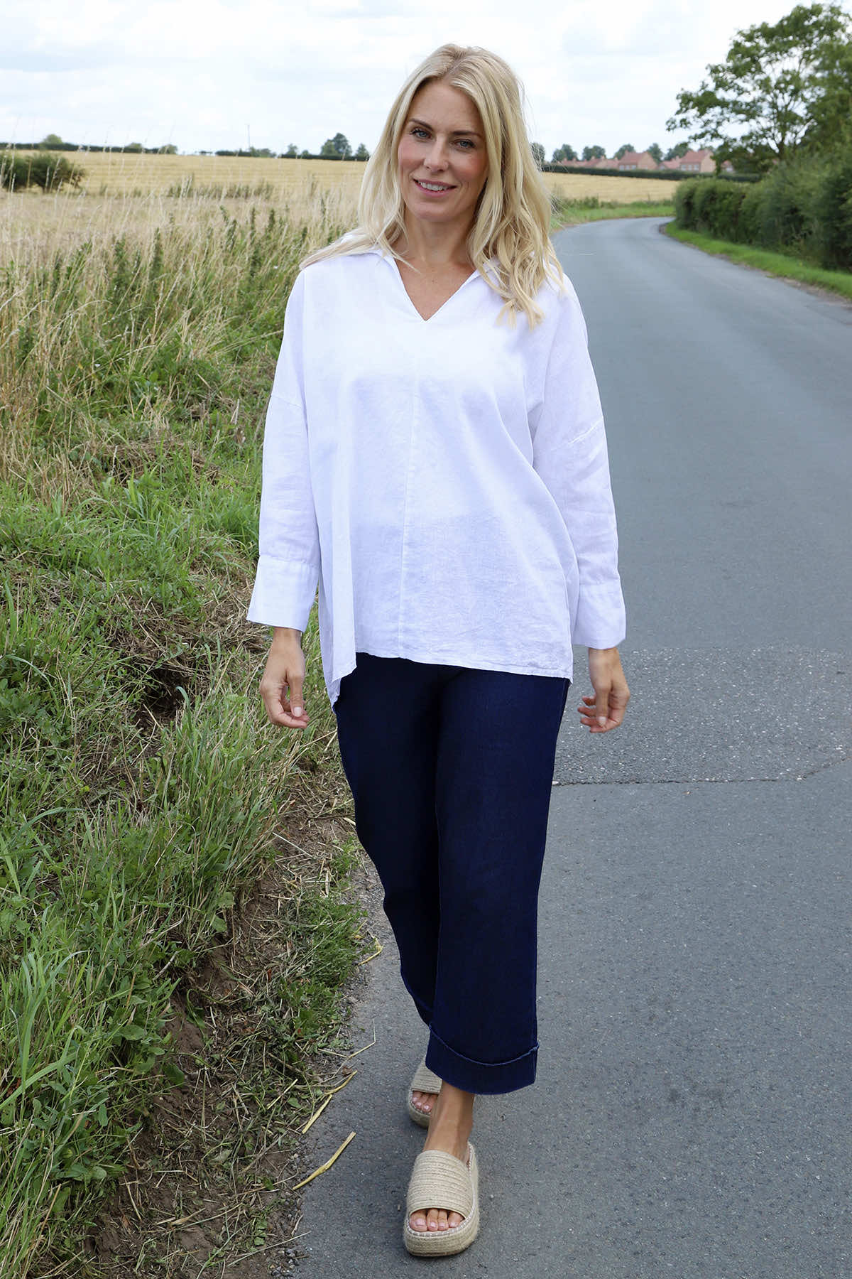 Audrey Collared Linen Top White