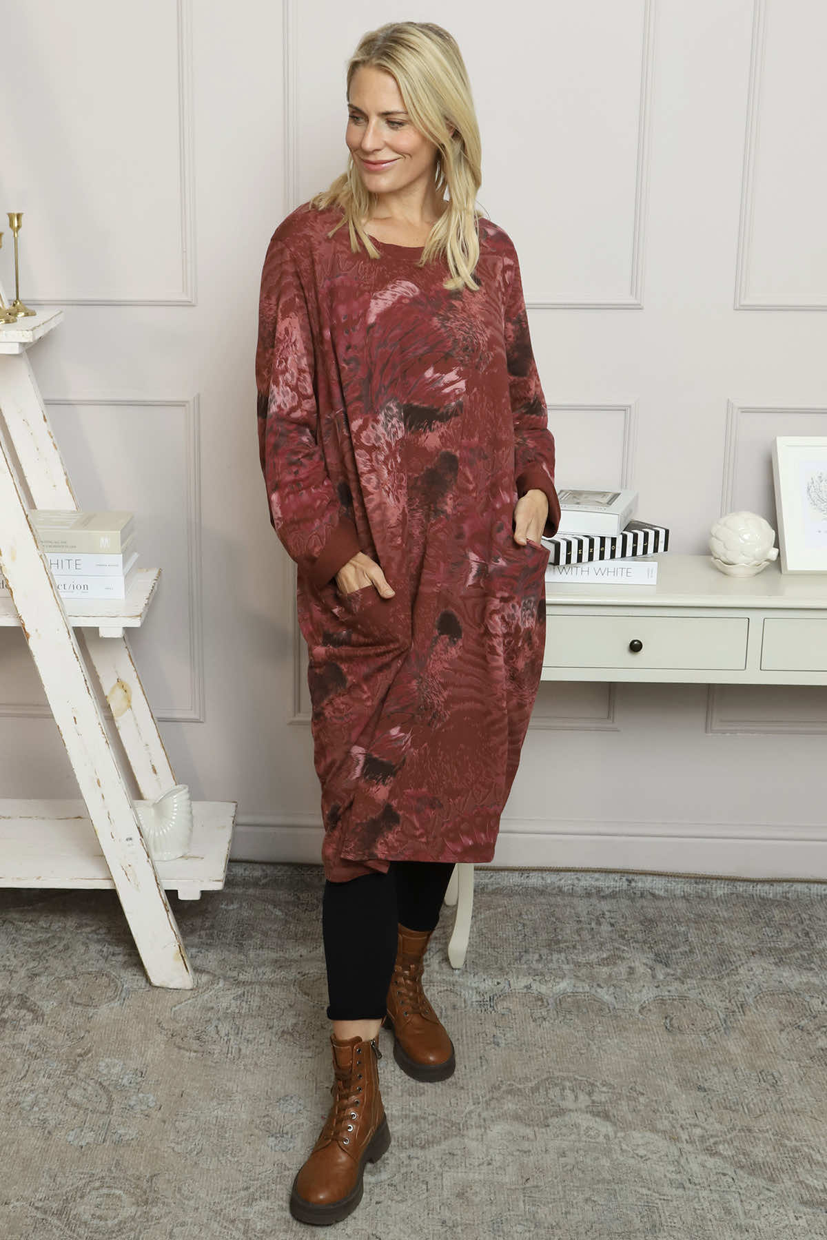 Owena Print Cotton Dress Wine