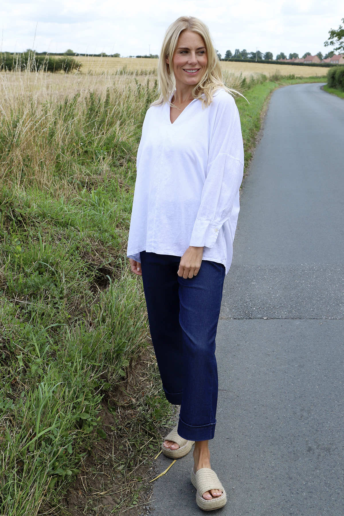 Audrey Collared Linen Top White