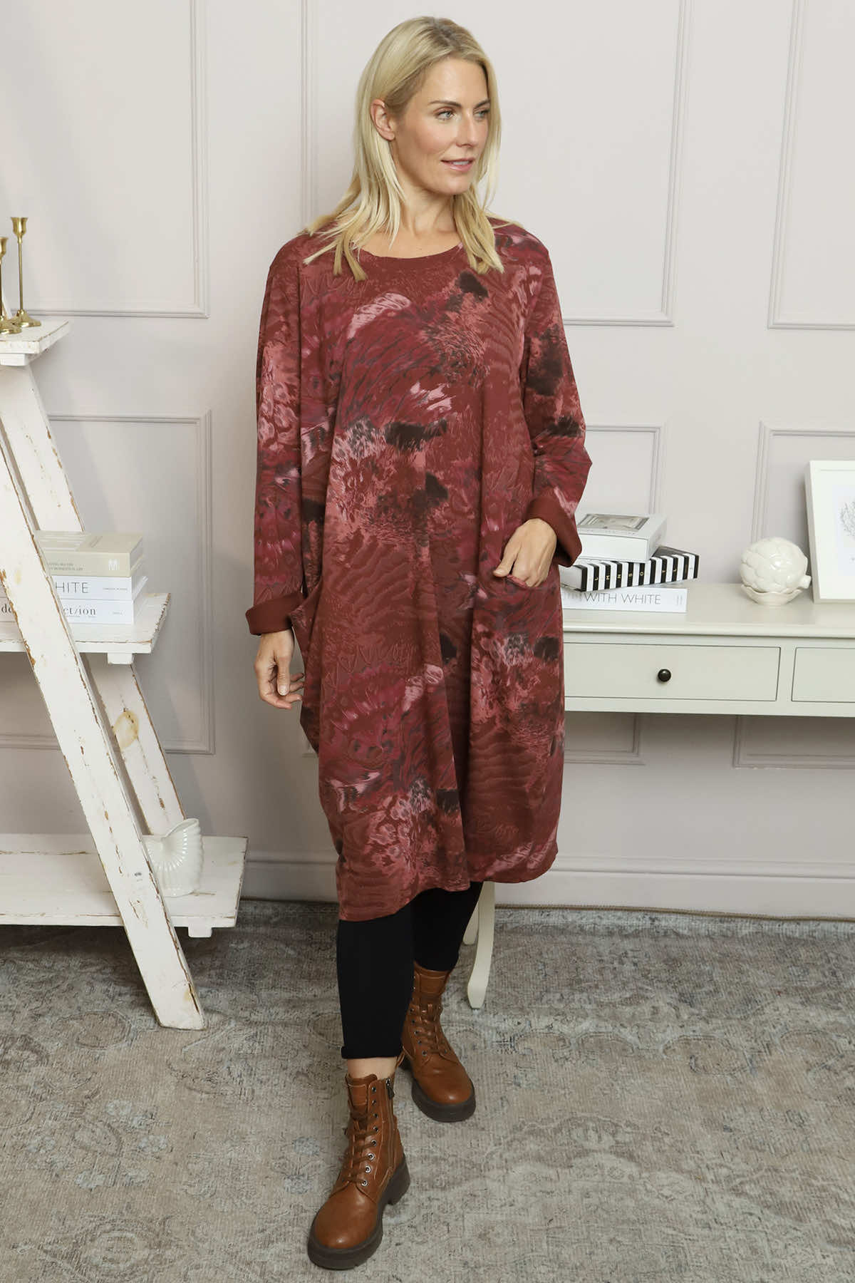 Owena Print Cotton Dress Wine