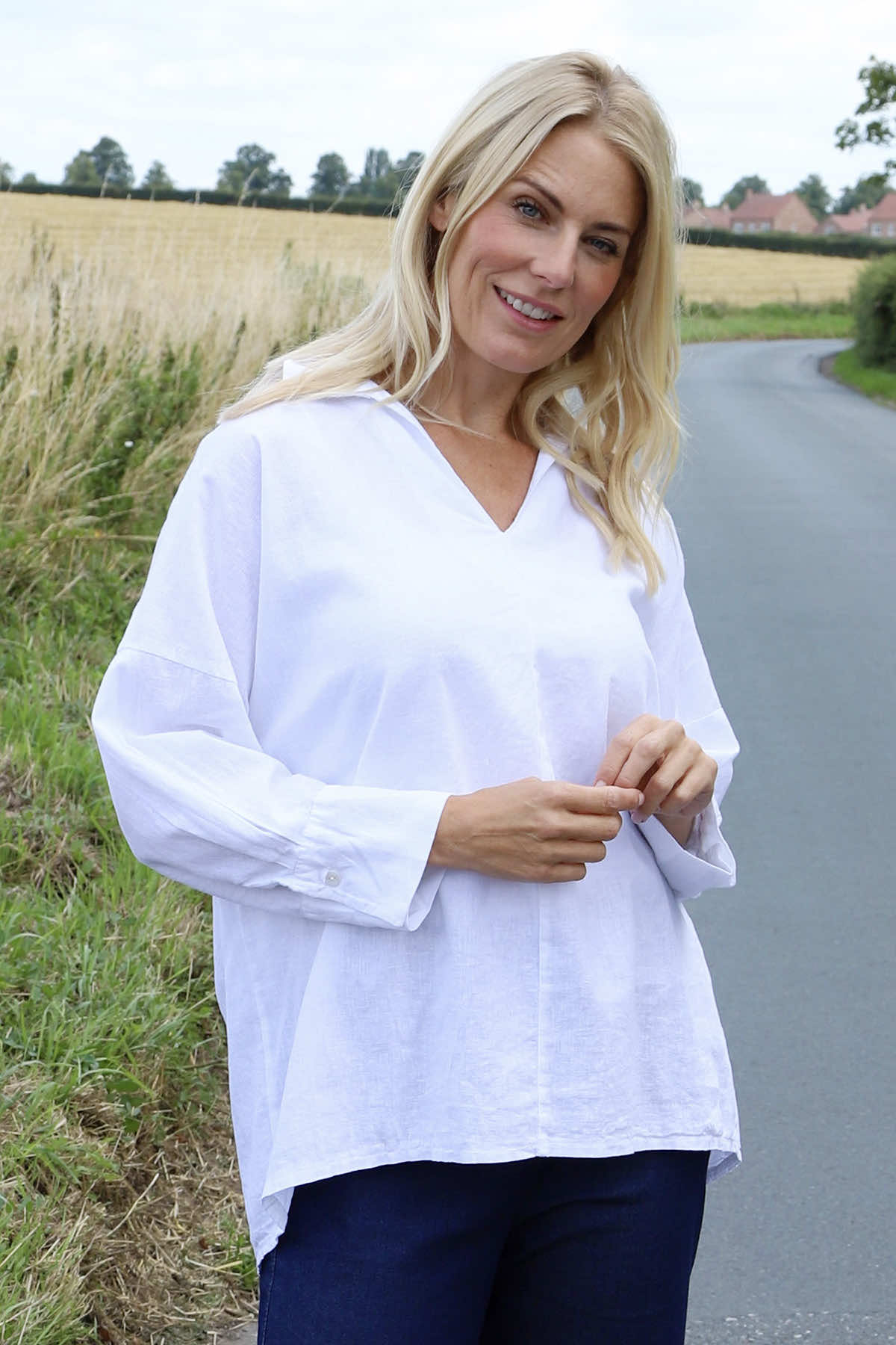 Audrey Collared Linen Top White