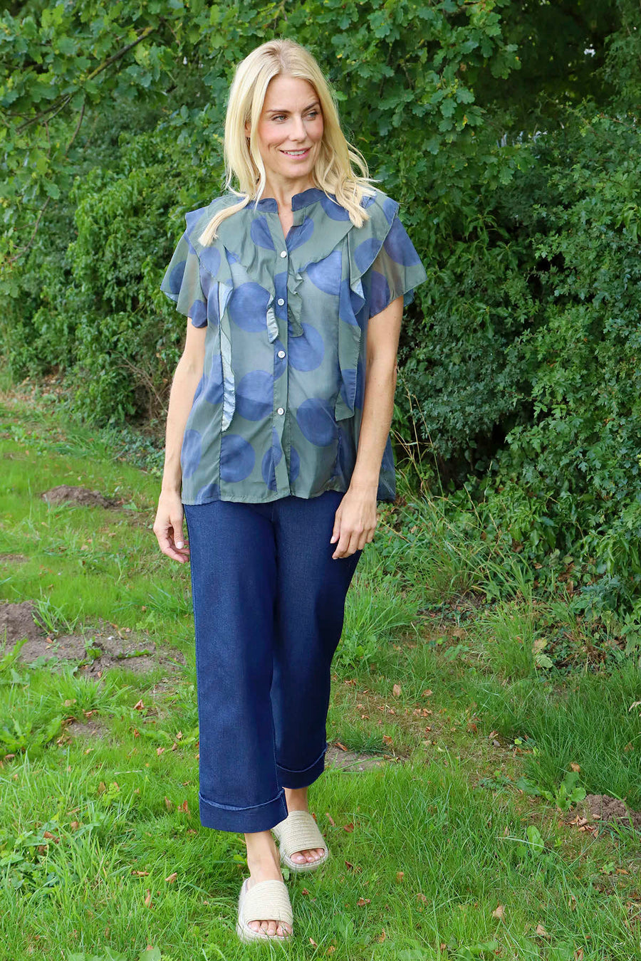 Skye Spot Print Frill Shirt Dark Khaki