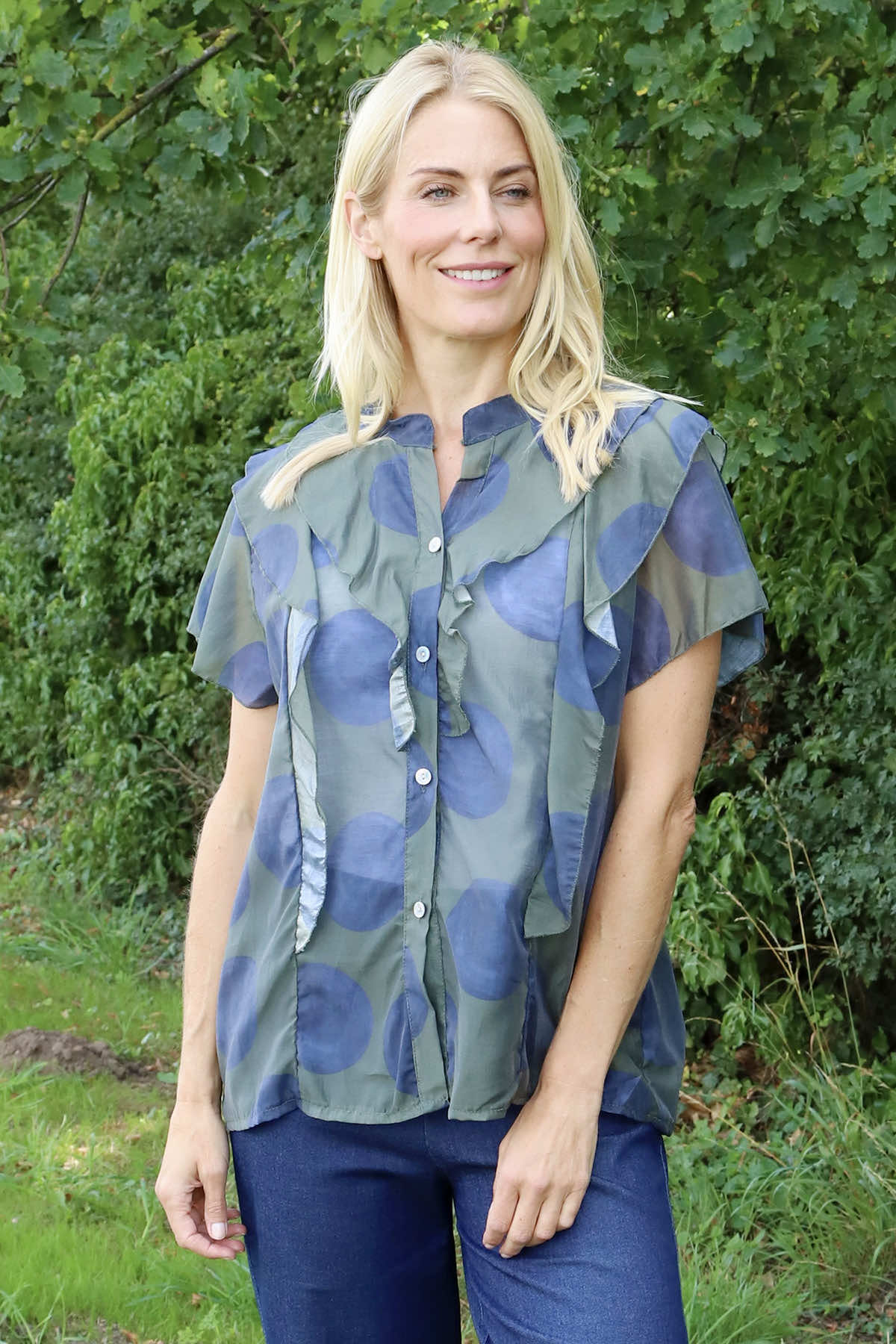 Skye Spot Print Frill Shirt Dark Khaki