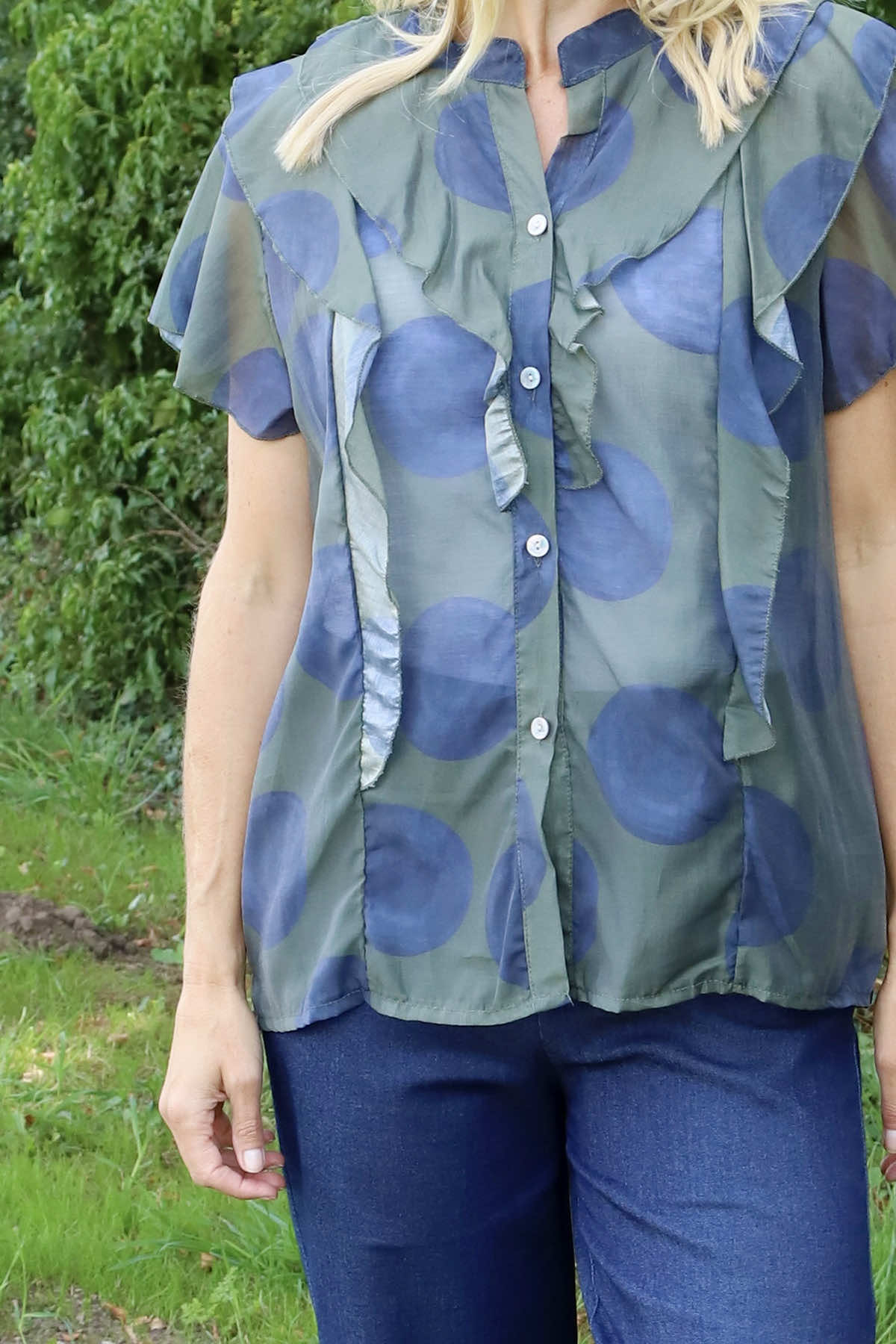 Skye Spot Print Frill Shirt Dark Khaki