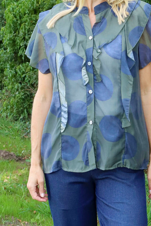 Skye Spot Print Frill Shirt Dark Khaki - Image 3