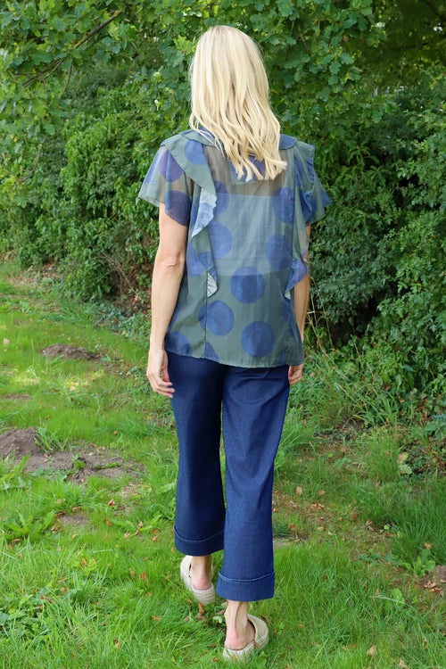 Skye Spot Print Frill Shirt Dark Khaki - Image 4