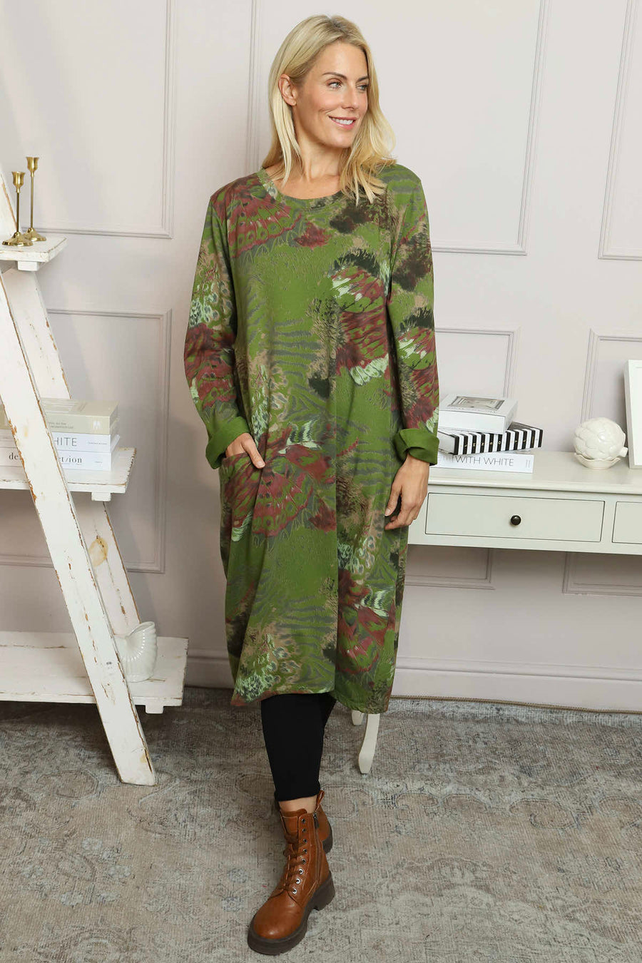 Owena Print Cotton Dress Olive