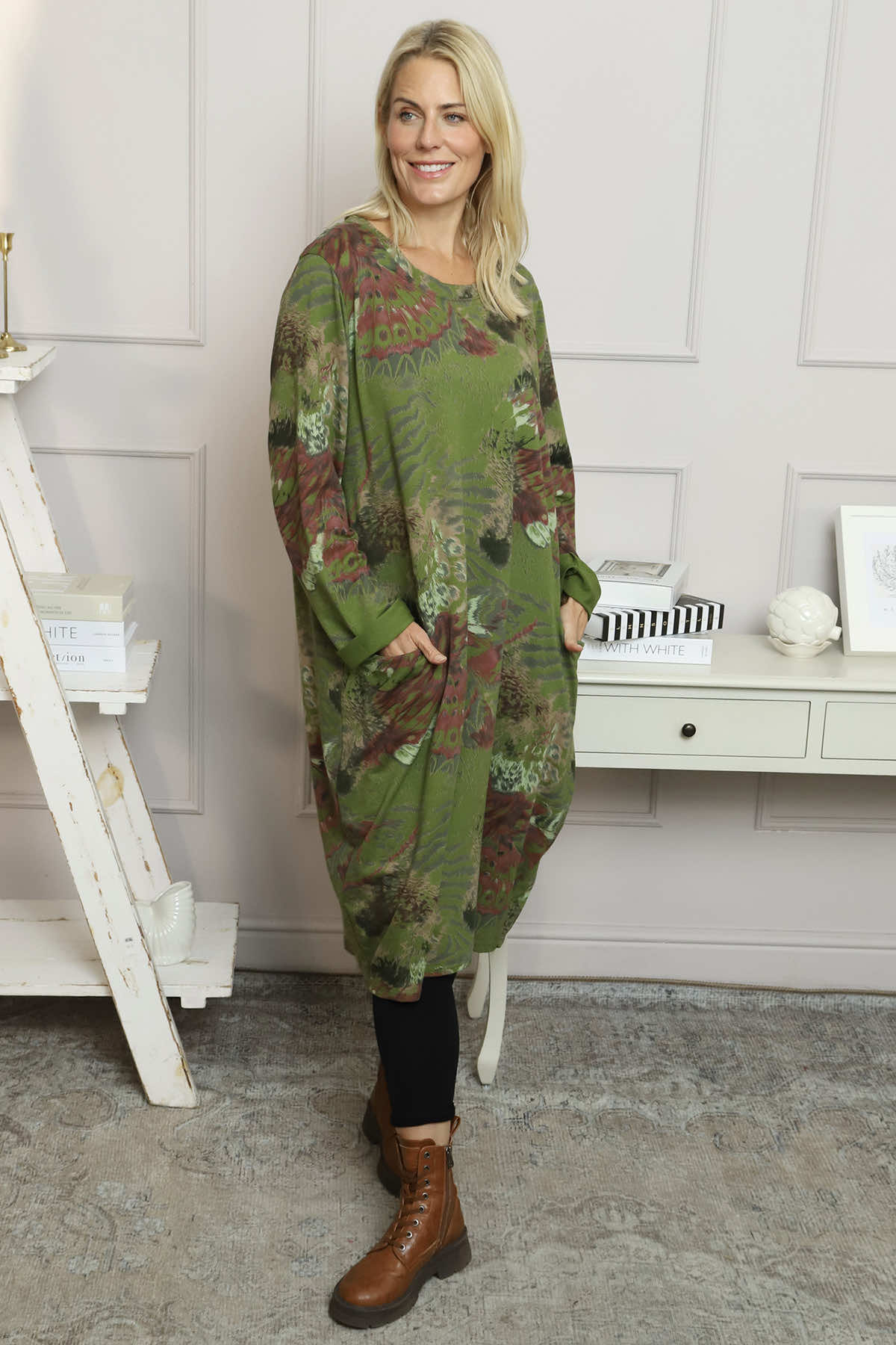 Owena Print Cotton Dress Olive