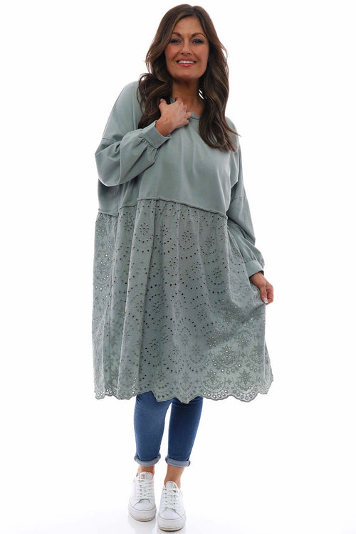 Narella Broderie Anglaise Cotton Tunic Sage Green - Image 1