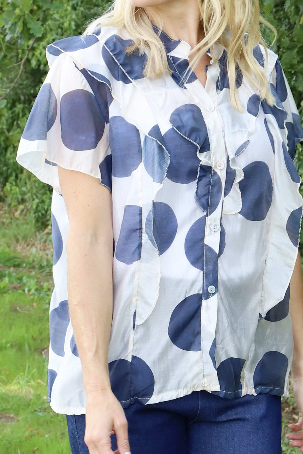 Skye Spot Print Frill Shirt Navy