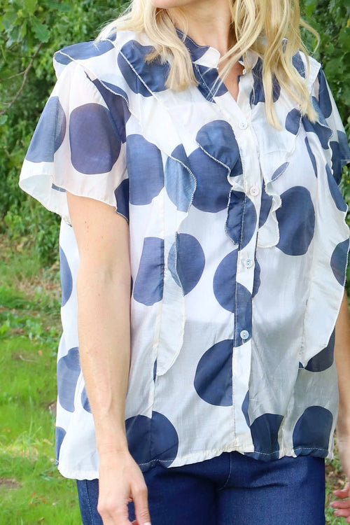 Skye Spot Print Frill Shirt Navy - Image 3