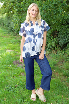 Skye Spot Print Frill Shirt Navy