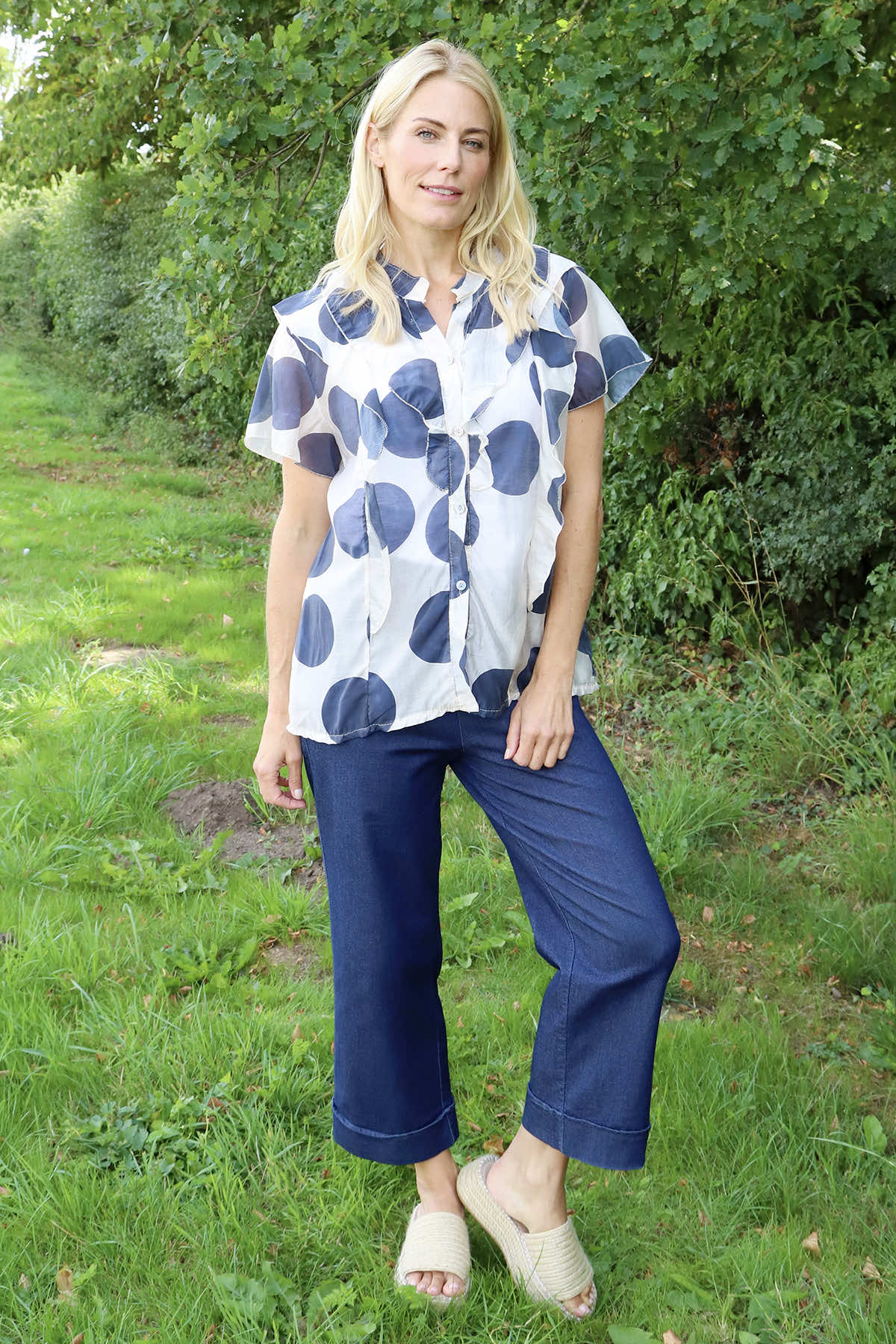 Skye Spot Print Frill Shirt Navy