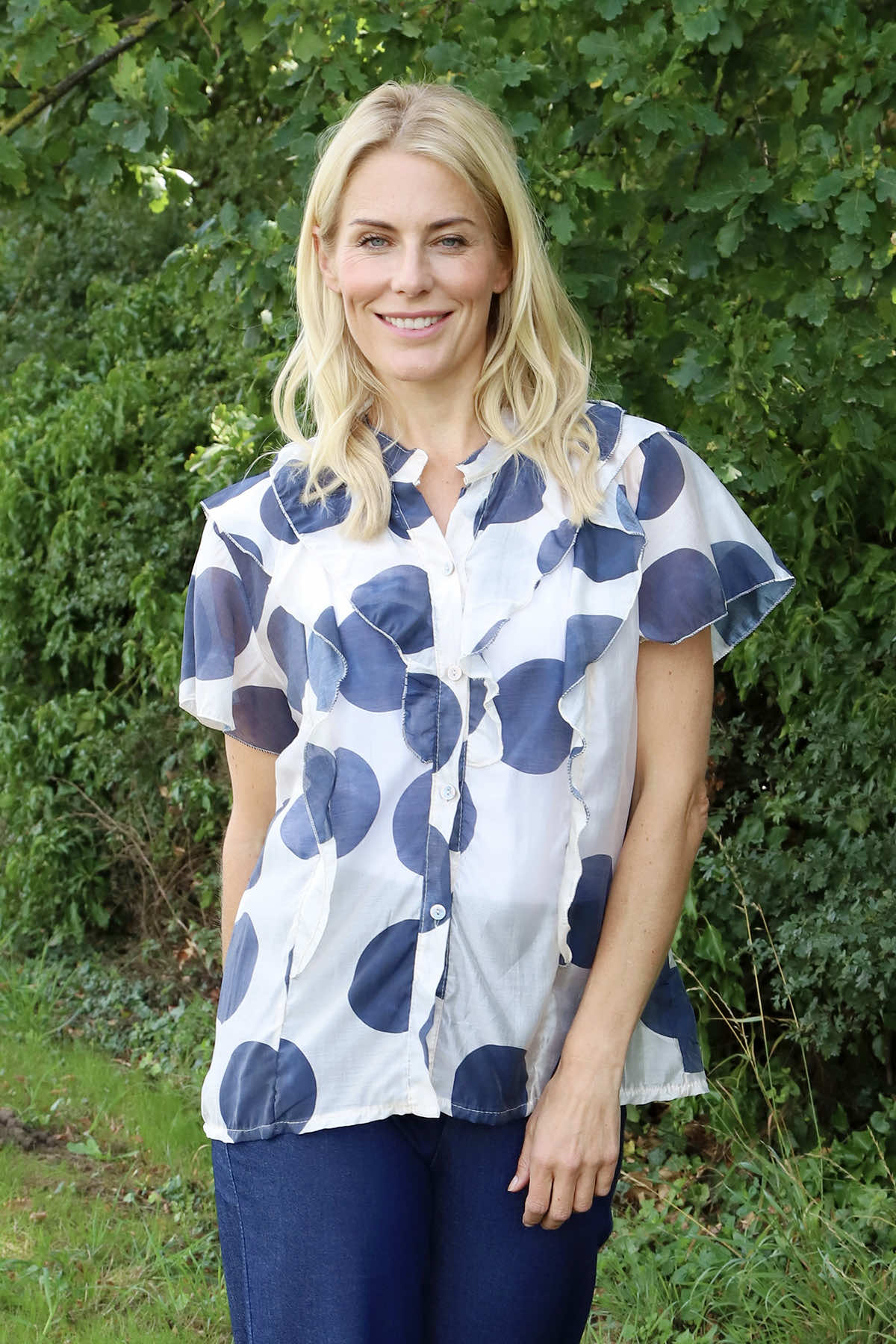 Skye Spot Print Frill Shirt Navy